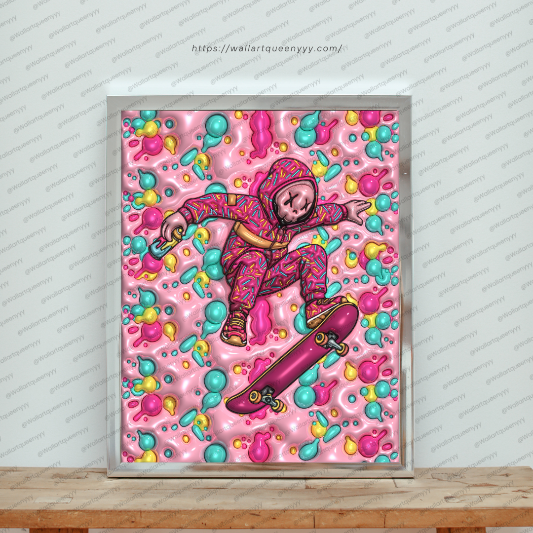 KAWS-inspired hypebeast skate wall art printable featuring pink pop art toy character with candy bubble pattern