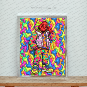 KAWS-inspired hypebeast wall art printable featuring colorful street pop art toy character with drip pattern