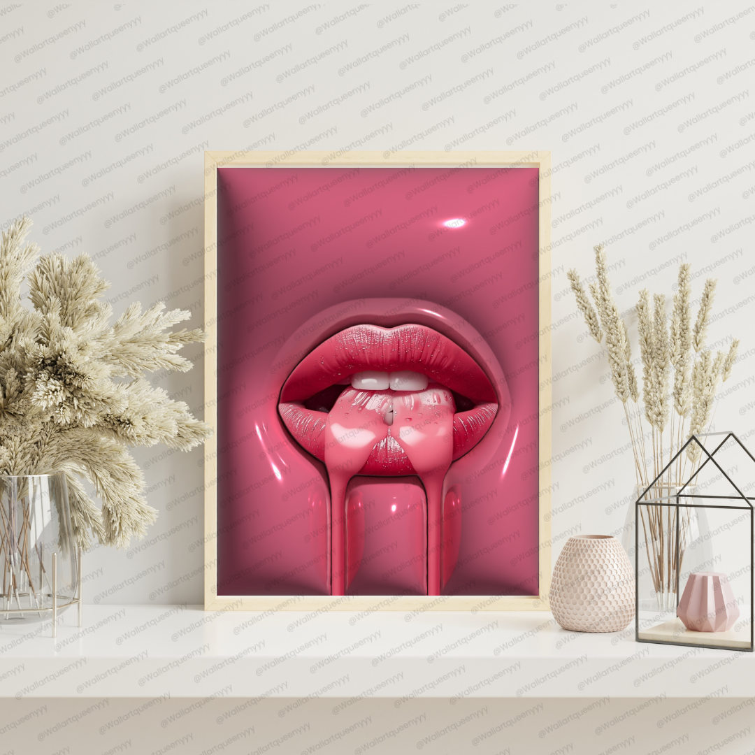 Pink Drip Lips wall art printable digital download, bold glam modern pop-art design for contemporary home and office decor