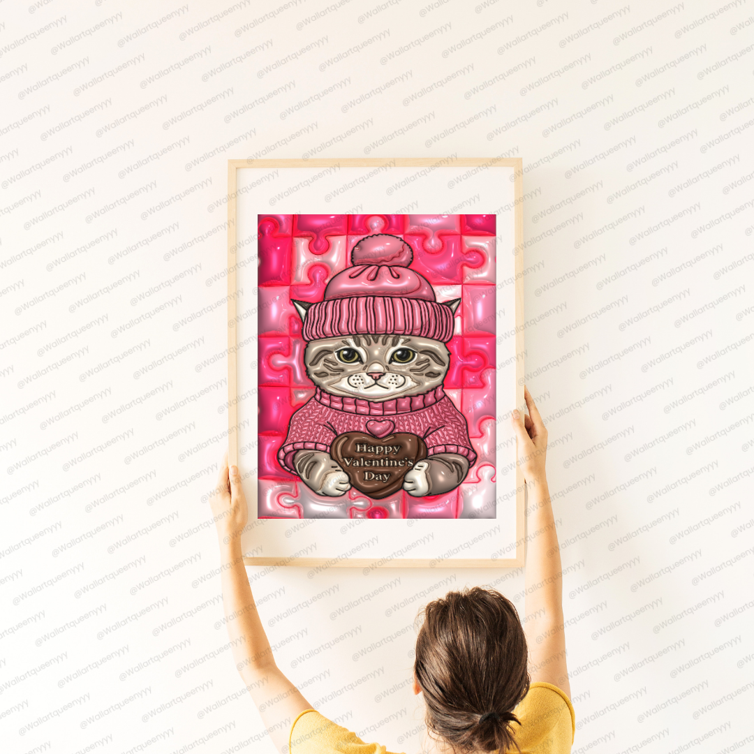 Blushheart Kitty wall art printable digital download, cute romantic kitty illustration for valentine and aesthetic interiors