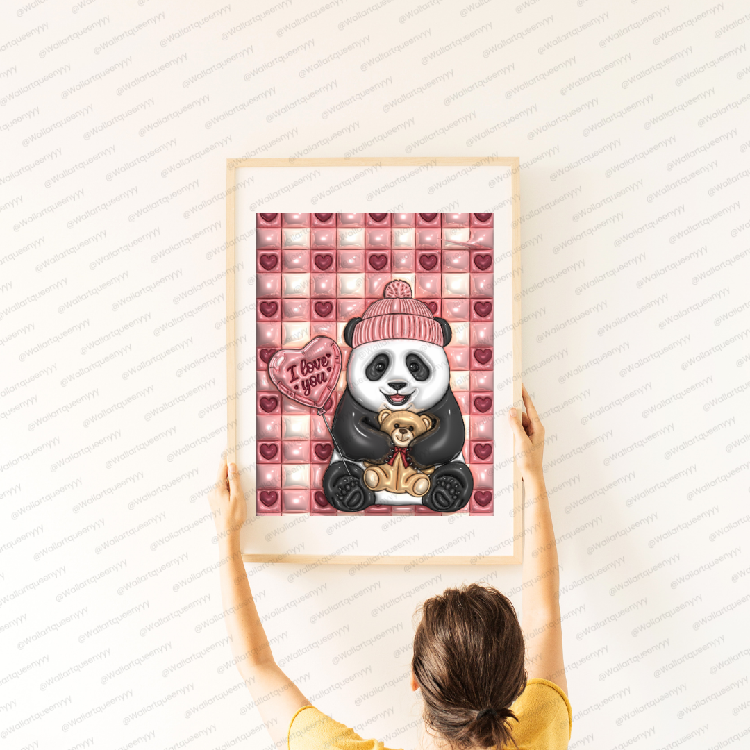 Valentine Panda wall art printable digital download, cute panda illustration holding teddy bear and heart balloon for valentine decor
