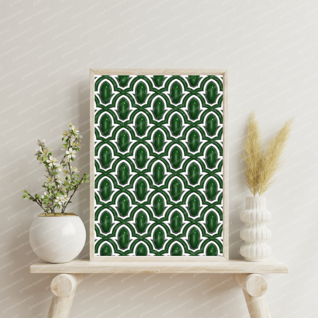Islamic wall art printable digital download featuring emerald Islamic arch pattern inspired by traditional Islamic architecture