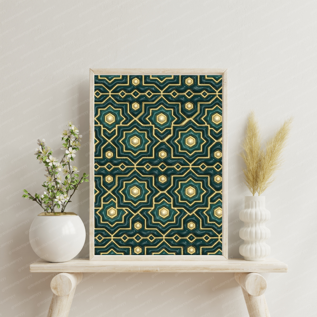 Islamic Geometric Harmony wall art printable featuring elegant Islamic geometric pattern symbolizing balance and harmony for Muslim home decor