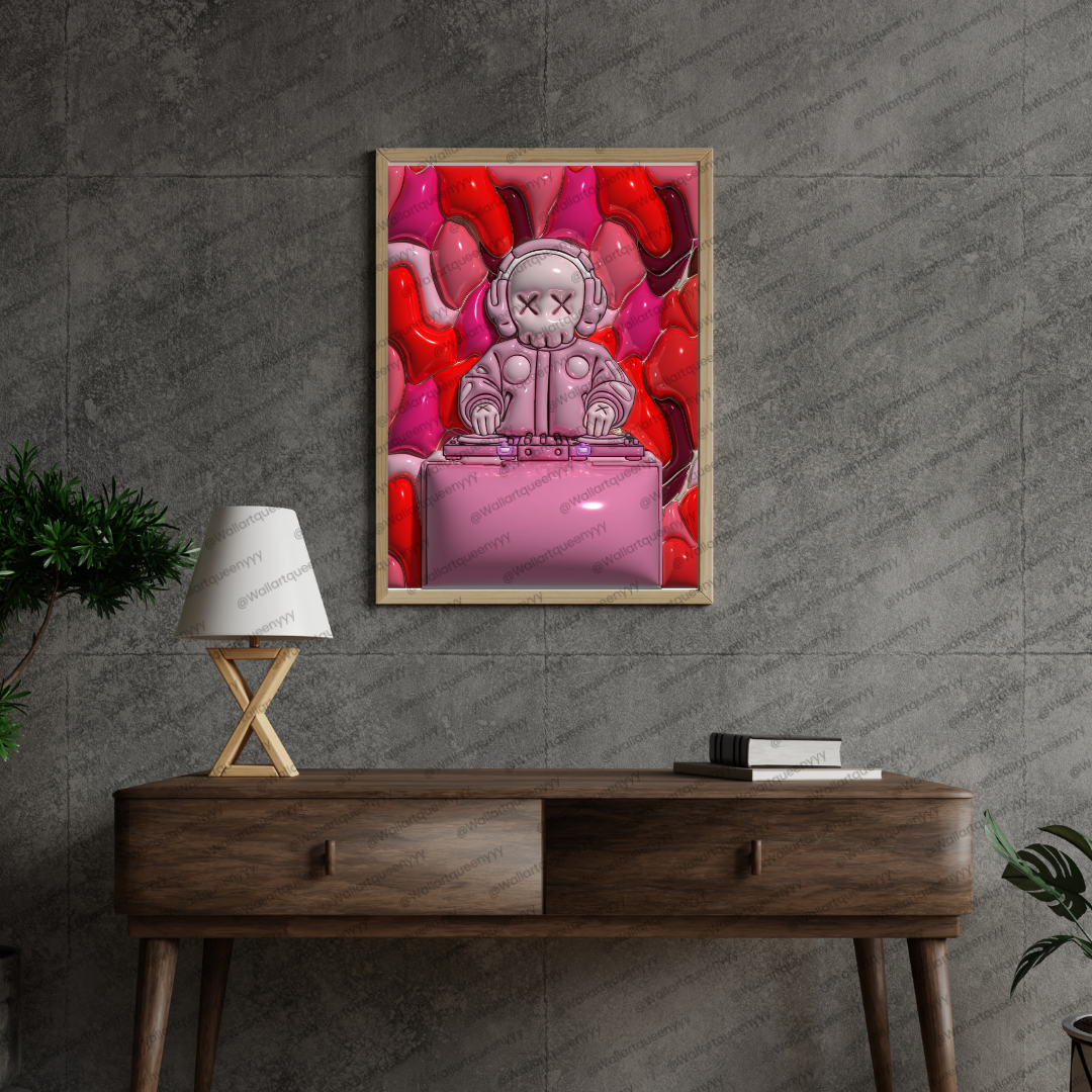 KAWS-inspired hypebeast DJ wall art printable featuring pink pop art toy DJ character in modern street decor style