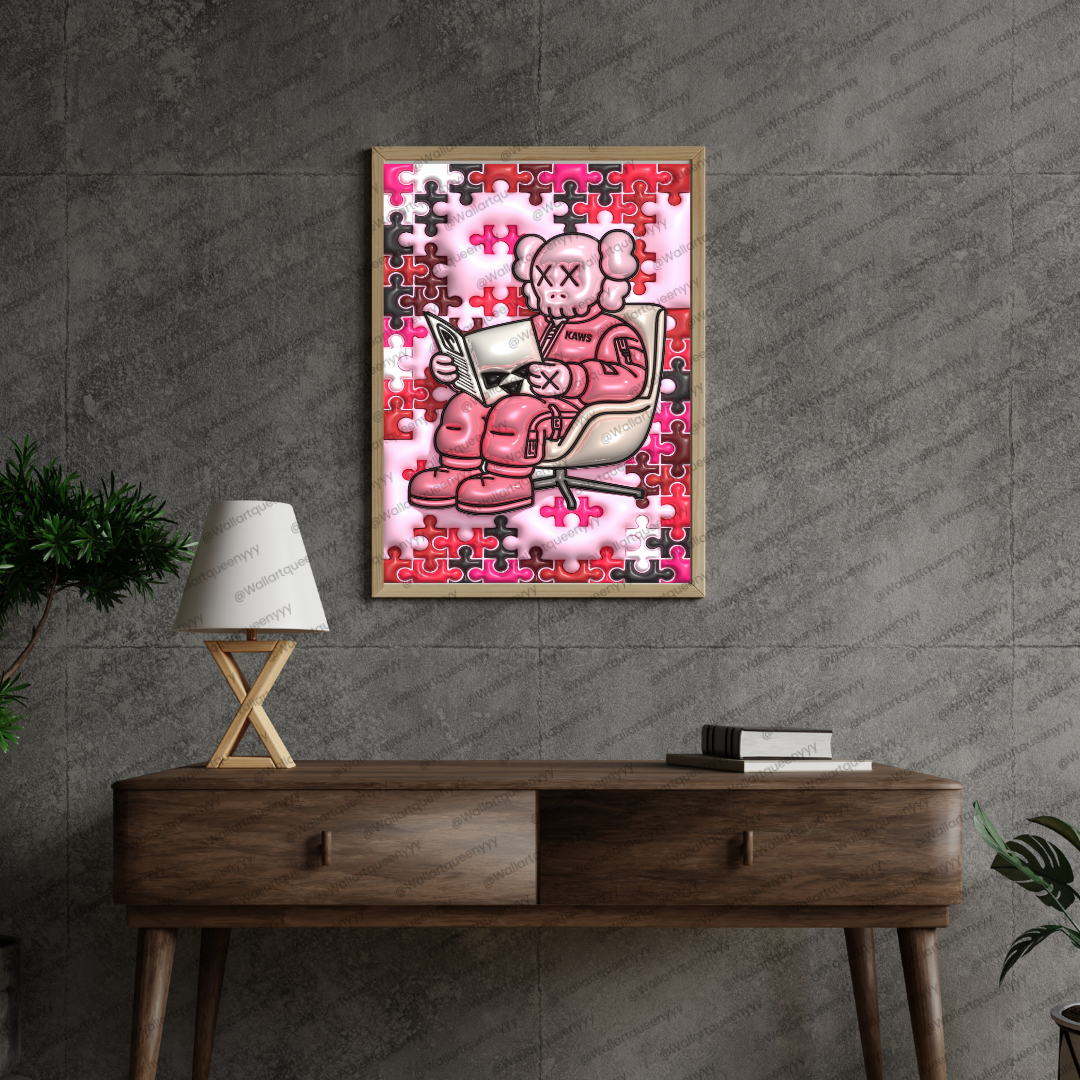 KAWS-inspired hypebeast wall art printable featuring pink puzzle pop art toy character in a cozy reading scene