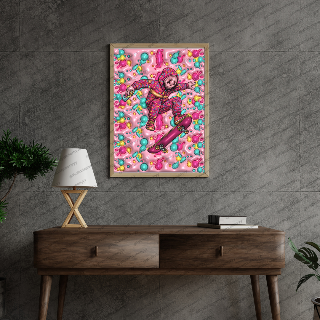 KAWS-inspired hypebeast skate wall art printable featuring pink pop art toy character with candy bubble pattern