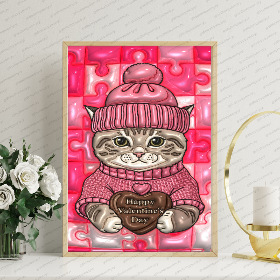 Blushheart Kitty wall art printable digital download, cute romantic kitty illustration for valentine and aesthetic interiors