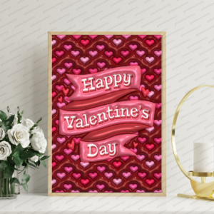 Valentine Ribbon Hearts wall art printable digital download, romantic ribbon typography with heart pattern background