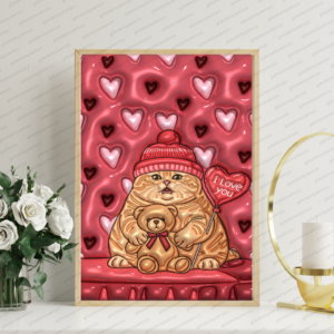 Valentine Cozy Kitten wall art printable digital download, cute kitten illustration wearing beanie holding teddy with heart balloon and heart background