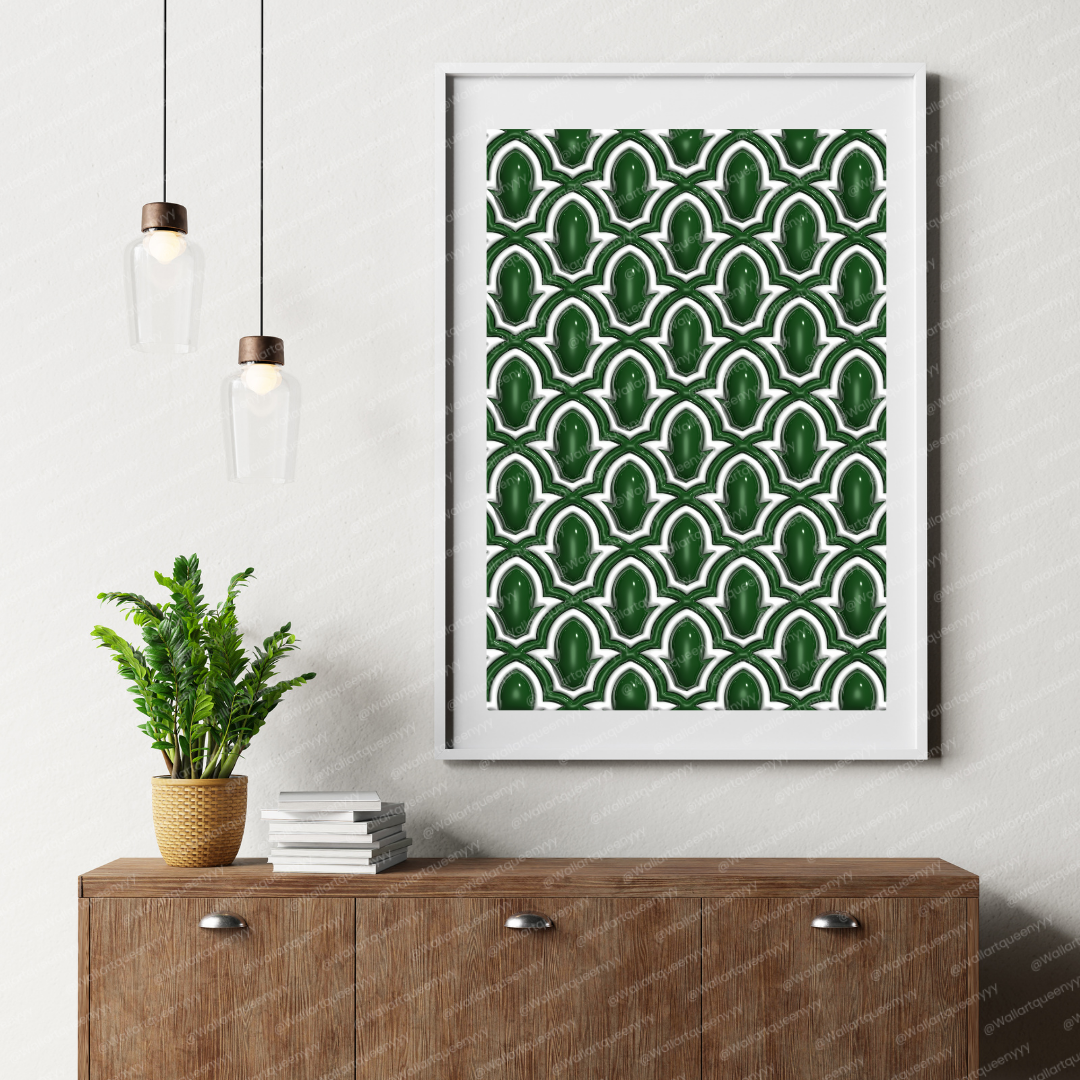 Islamic wall art printable digital download featuring emerald Islamic arch pattern inspired by traditional Islamic architecture