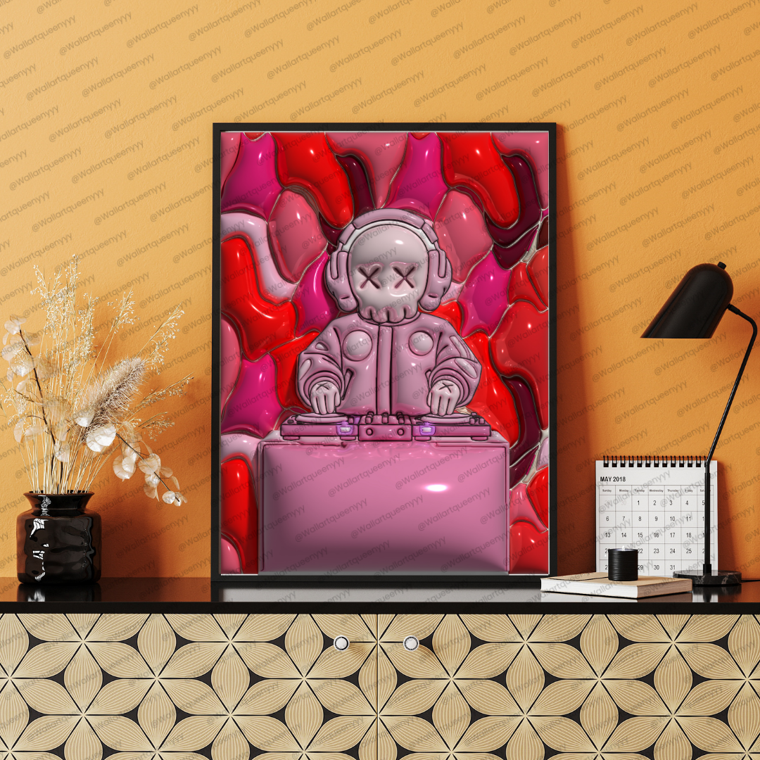 KAWS-inspired hypebeast DJ wall art printable featuring pink pop art toy DJ character in modern street decor style