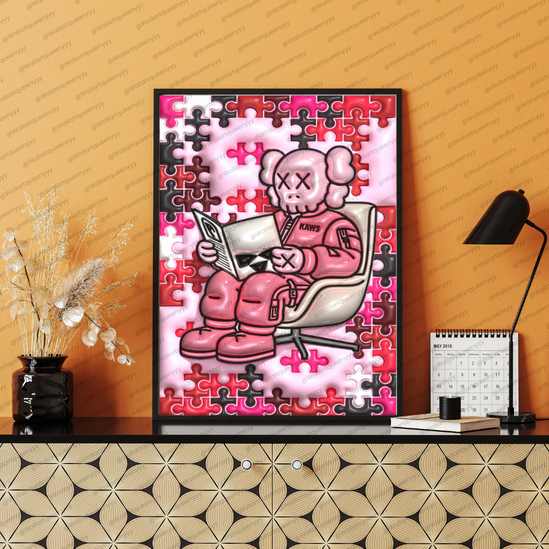 KAWS-inspired hypebeast wall art printable featuring pink puzzle pop art toy character in a cozy reading scene