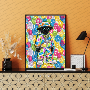 KAWS-inspired hypebeast wall art printable featuring colorful pop art toy character with candy swirl pattern