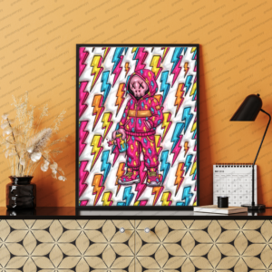 KAWS-inspired hypebeast wall art printable featuring colorful street pop art toy character with lightning pattern