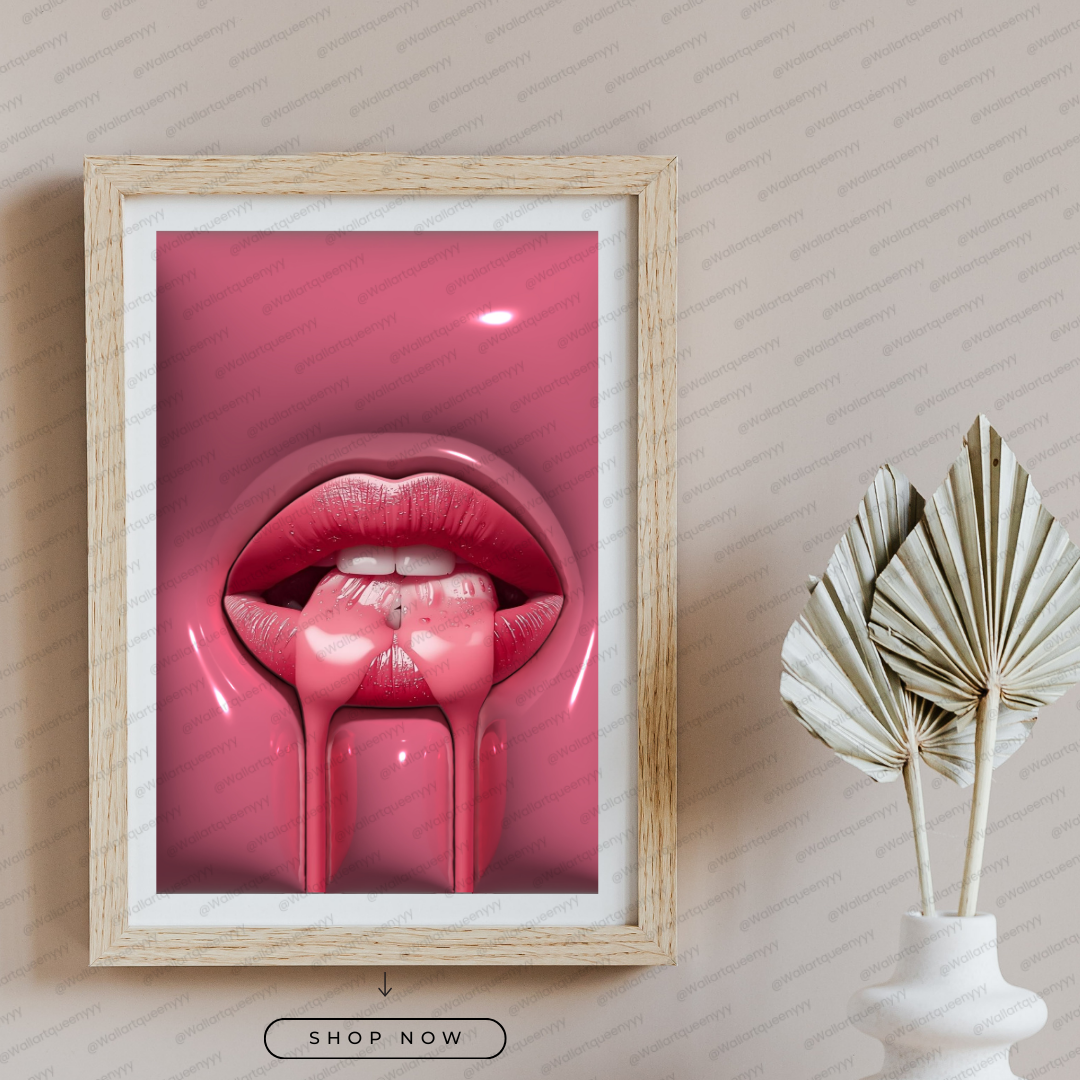 Pink Drip Lips wall art printable digital download, bold glam modern pop-art design for contemporary home and office decor