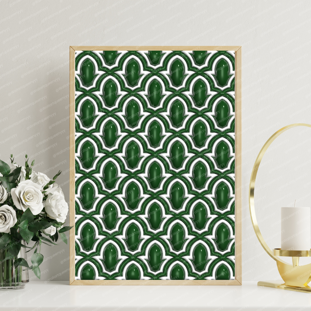 Islamic wall art printable digital download featuring emerald Islamic arch pattern inspired by traditional Islamic architecture