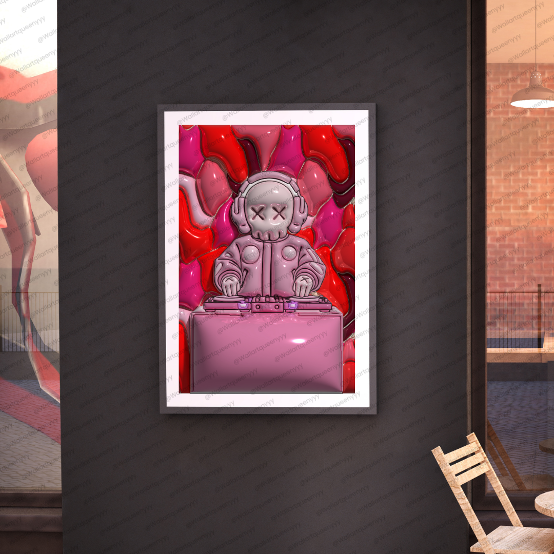 KAWS-inspired hypebeast DJ wall art printable featuring pink pop art toy DJ character in modern street decor style