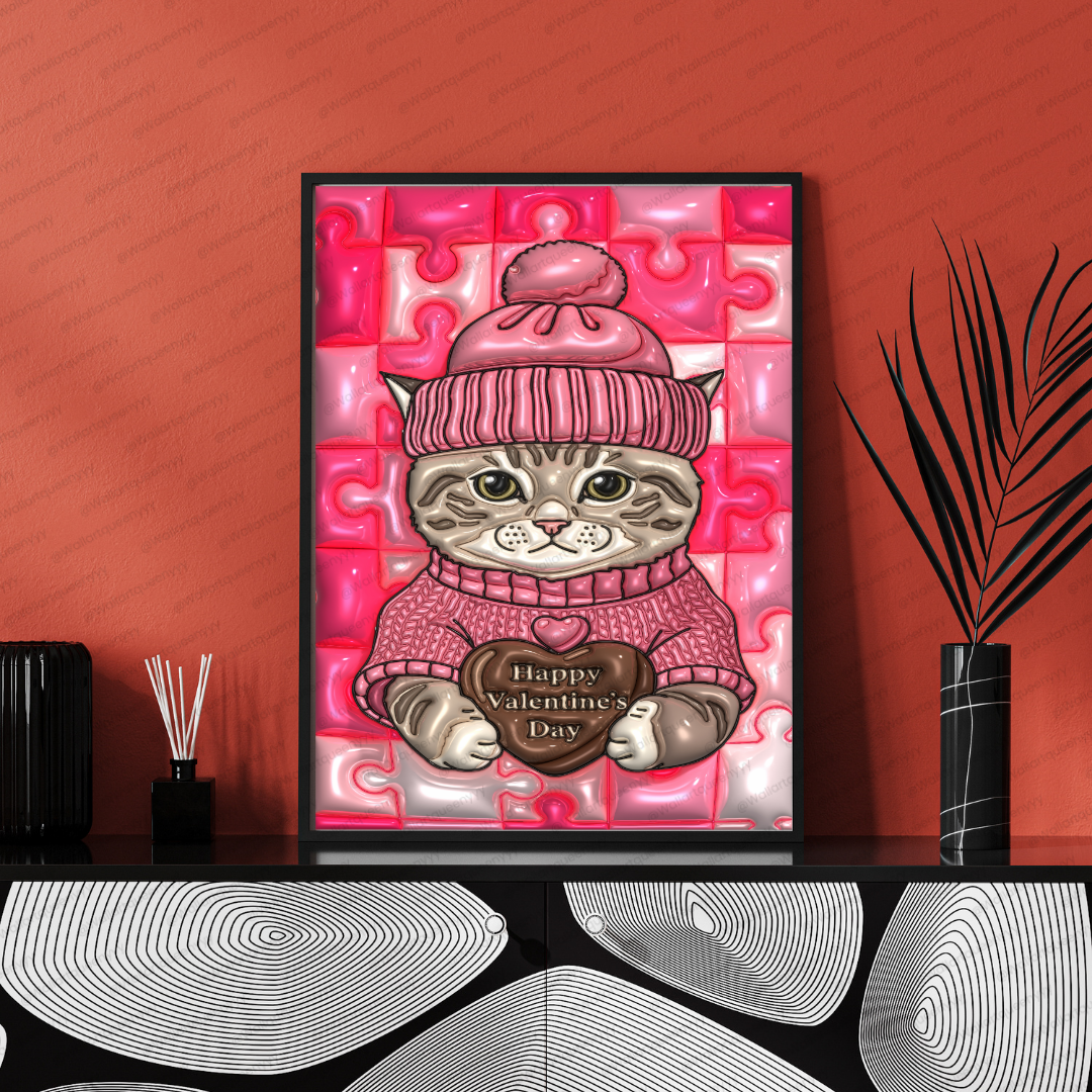 Blushheart Kitty wall art printable digital download, cute romantic kitty illustration for valentine and aesthetic interiors