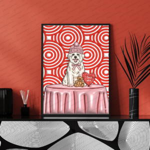 Valentine Puppy Tabletop wall art printable digital download, fluffy puppy illustration on round table with heart and teddy for valentine decor