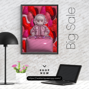 KAWS-inspired hypebeast DJ wall art printable featuring pink pop art toy DJ character in modern street decor style
