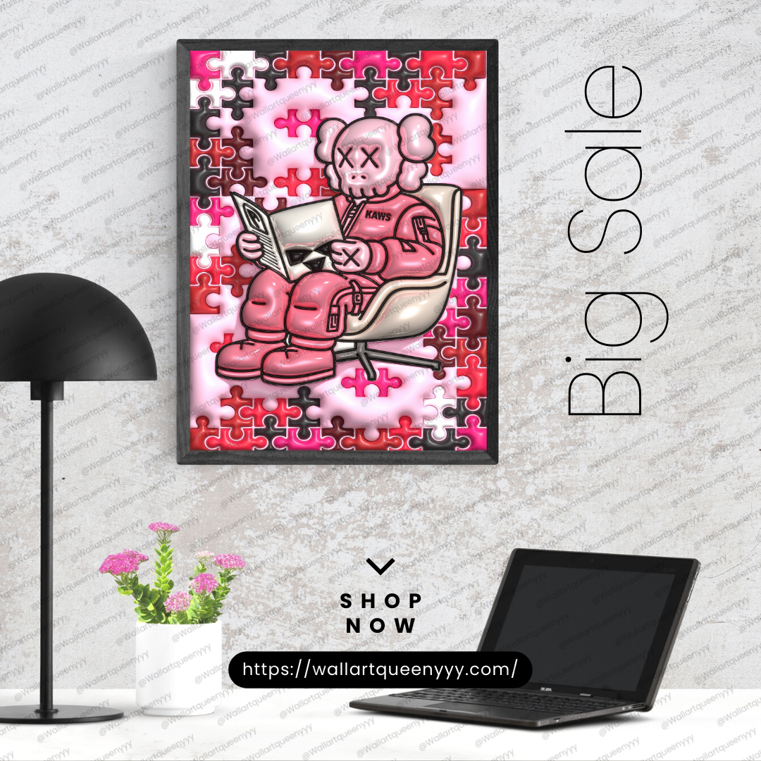 KAWS-inspired hypebeast wall art printable featuring pink puzzle pop art toy character in a cozy reading scene