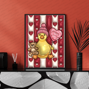 Valentine Duck wall art printable digital download, cute duck illustration holding teddy bear and heart balloon for valentine decor