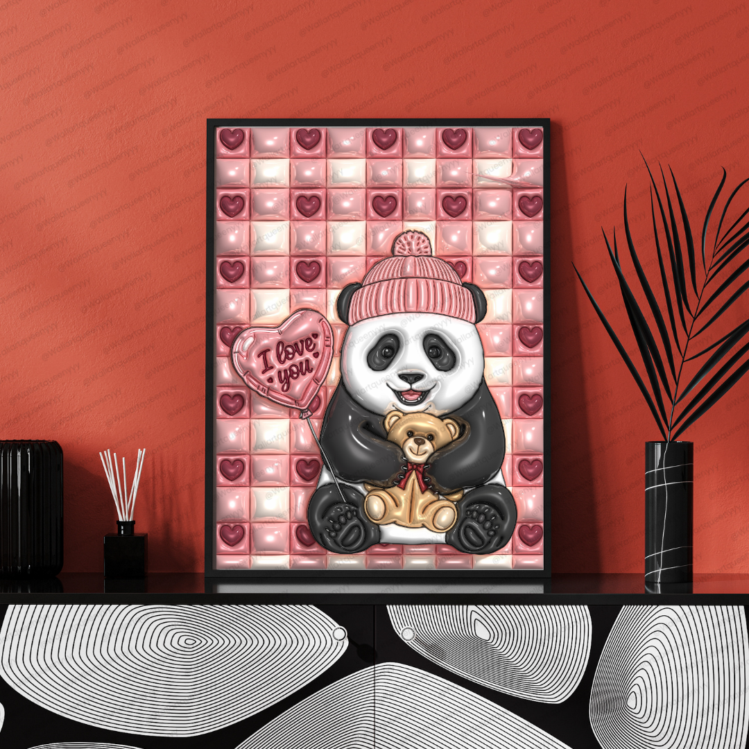 Valentine Panda wall art printable digital download, cute panda illustration holding teddy bear and heart balloon for valentine decor