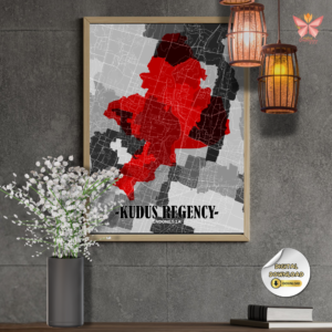 Kudus Regency Signature Map featuring a bold red territorial design in a flat modern style, printable regional wall art in multiple size ratios.
