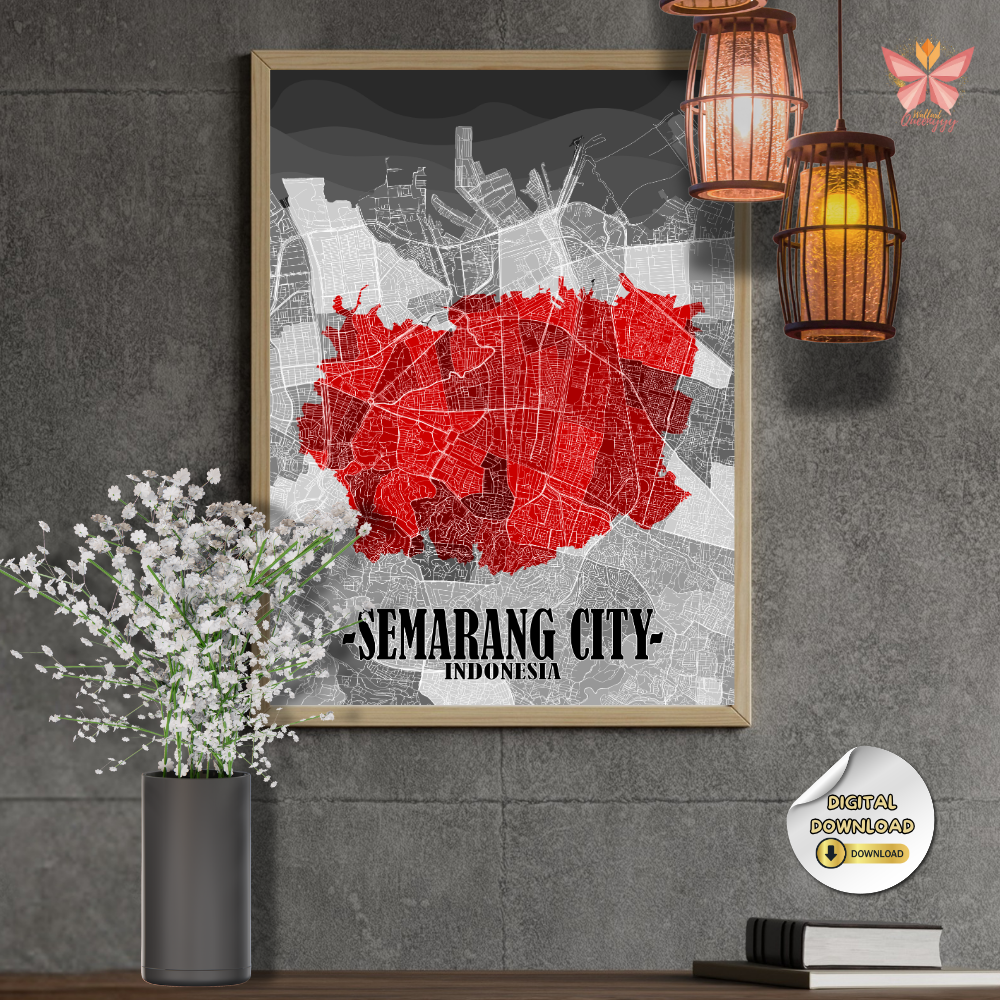 Semarang City Map Wall Art featuring a red highlight urban layout in a flat modern design, printable city wall art in multiple size ratios.