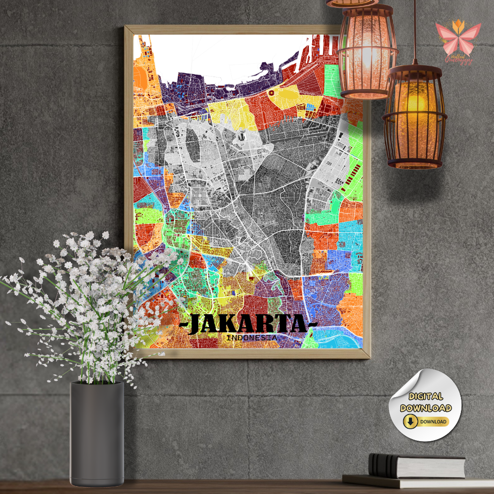 Jakarta District Map Wall Art featuring a 3D layered city map design with color-coded districts, modern urban cartography, premium printable wall decor in multiple size ratios for contemporary interiors.