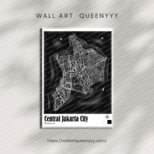 Central Jakarta city map wall art printable in black and white, luxury minimalist urban map artwork, high-resolution digital city map for modern interior decor