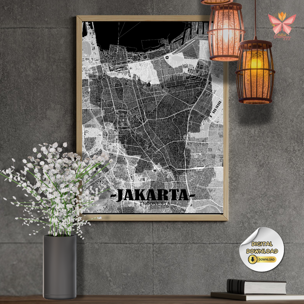 Jakarta City Layout Print featuring a minimal black and white flat city map design, modern urban cartography, printable city map wall art in multiple size ratios.