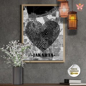 Jakarta Identity Map wall art featuring a black fingerprint heart city design, flat modern city map style, conceptual printable wall decor in multiple size ratios.