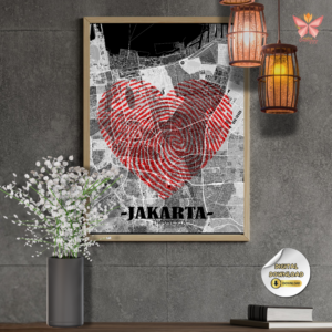 Jakarta Love Map Wall Art featuring a red fingerprint heart city design, flat modern city map style, romantic printable wall decor in multiple size ratios.
