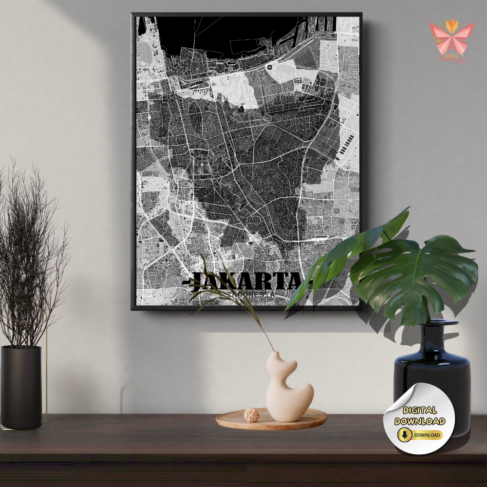 Jakarta City Layout Print featuring a minimal black and white flat city map design, modern urban cartography, printable city map wall art in multiple size ratios.