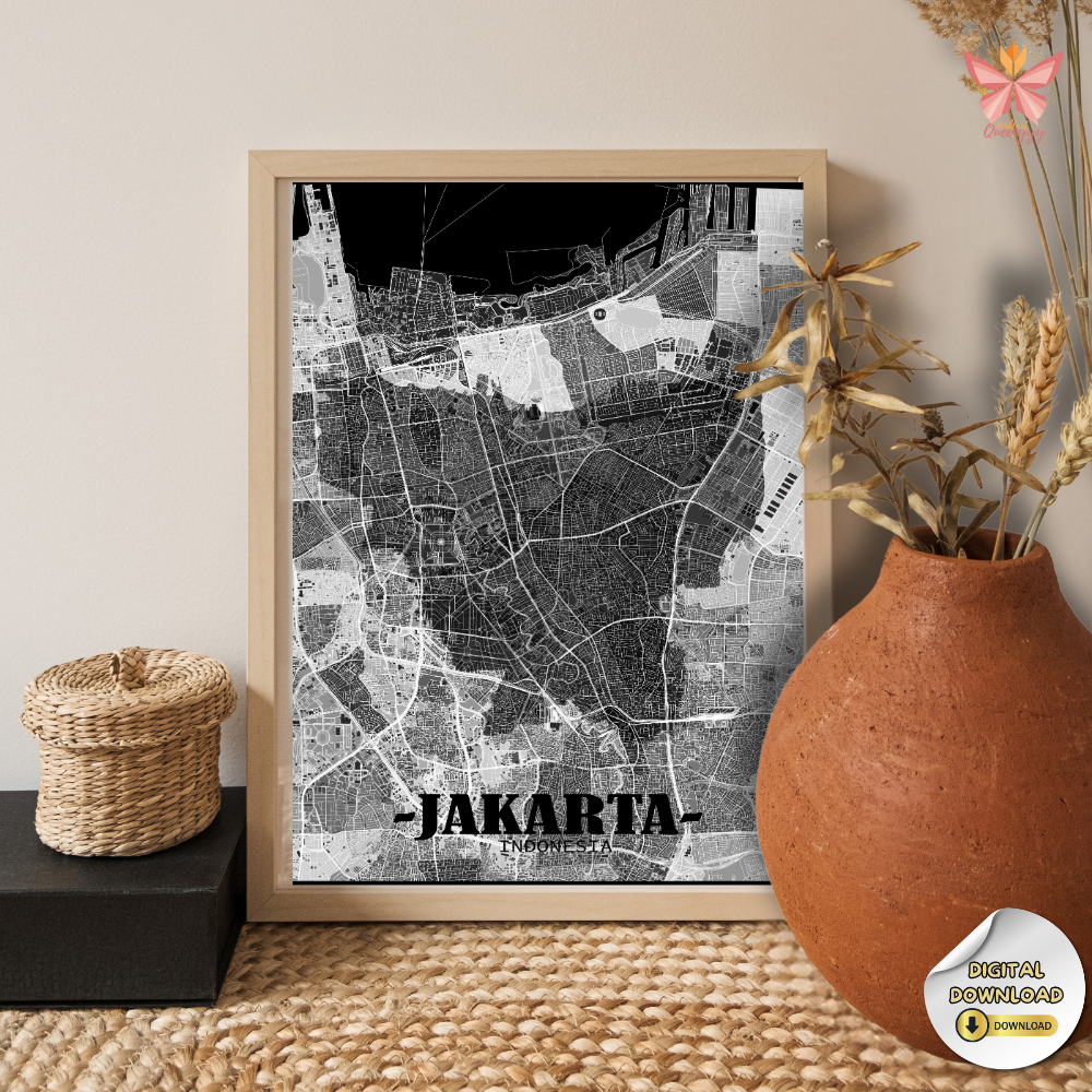 Jakarta City Layout Print featuring a minimal black and white flat city map design, modern urban cartography, printable city map wall art in multiple size ratios.