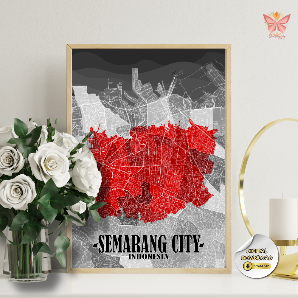 Semarang City Map Wall Art featuring a red highlight urban layout in a flat modern design, printable city wall art in multiple size ratios.