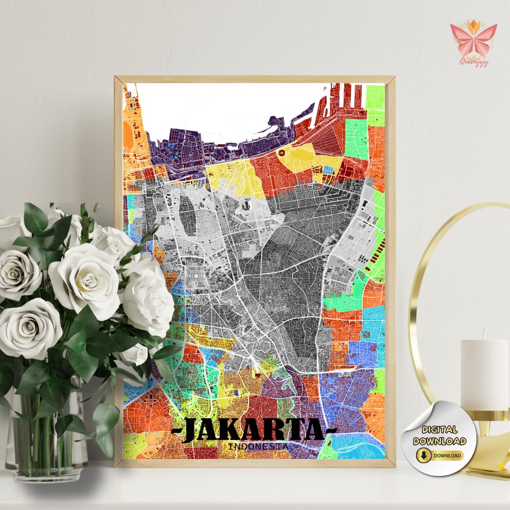 Jakarta District Map Wall Art featuring a 3D layered city map design with color-coded districts, modern urban cartography, premium printable wall decor in multiple size ratios for contemporary interiors.