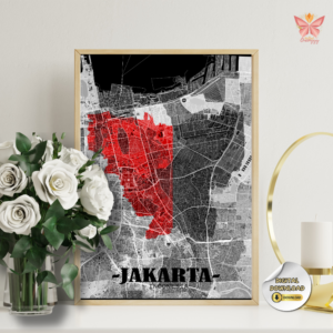 Jakarta Focus Area Map wall art with a vertical flat city map design, red highlighted urban area, modern printable city map decor in multiple size ratios.