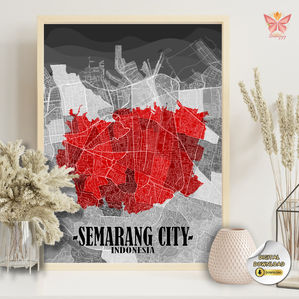 Semarang City Map Wall Art featuring a red highlight urban layout in a flat modern design, printable city wall art in multiple size ratios.