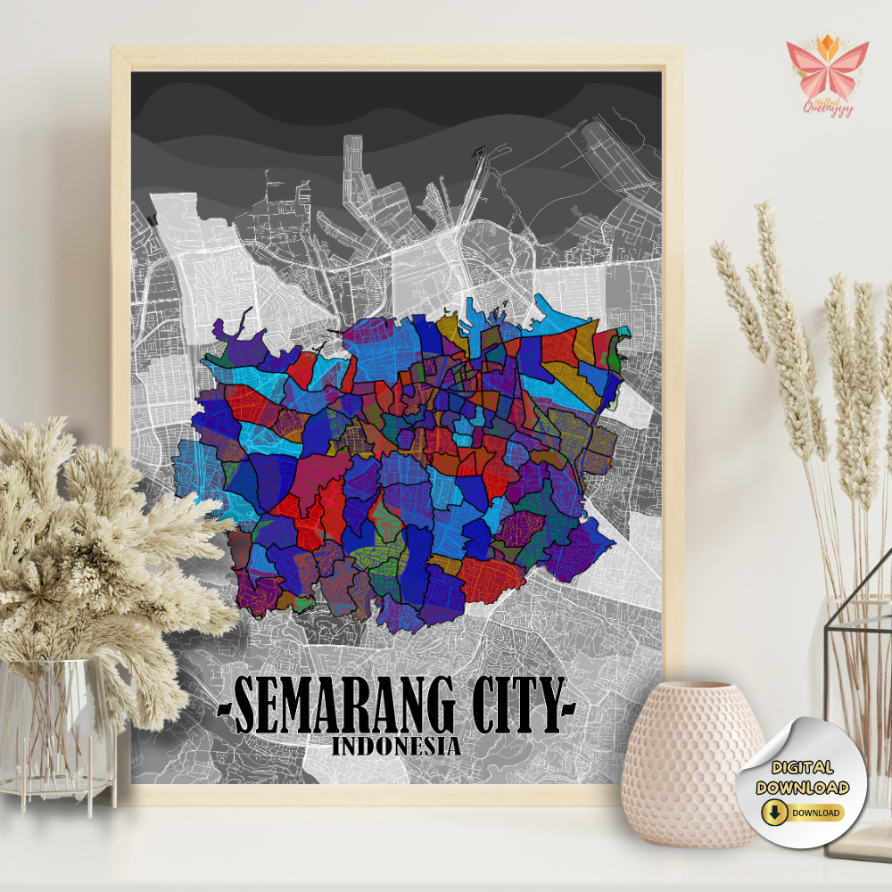 Semarang Urban Mosaic artwork featuring a colorful city map layout in a flat modern design, printable urban wall art in multiple size ratios.