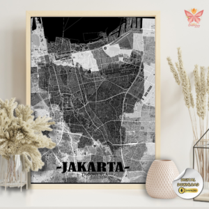 Jakarta City Layout Print featuring a minimal black and white flat city map design, modern urban cartography, printable city map wall art in multiple size ratios.