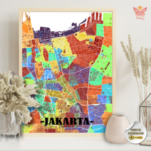 Jakarta District Map Art featuring a flat multicolor urban city layout, modern cartographic design, printable city map wall decor in multiple size ratios.