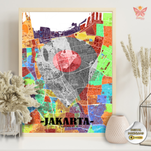 Jakarta Location Map Wall Art featuring a flat city map design with a red pin marker, modern cartographic style, printable city map decor in multiple size ratios.