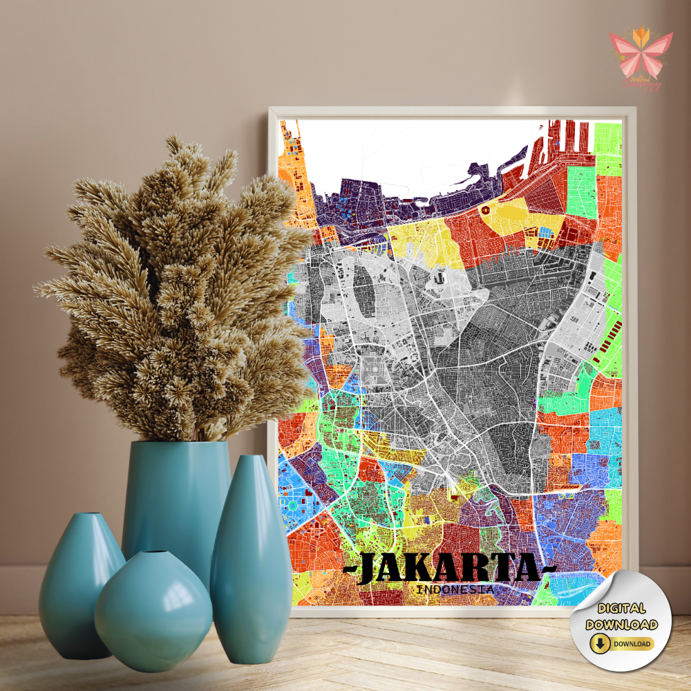 Jakarta District Map Wall Art featuring a 3D layered city map design with color-coded districts, modern urban cartography, premium printable wall decor in multiple size ratios for contemporary interiors.