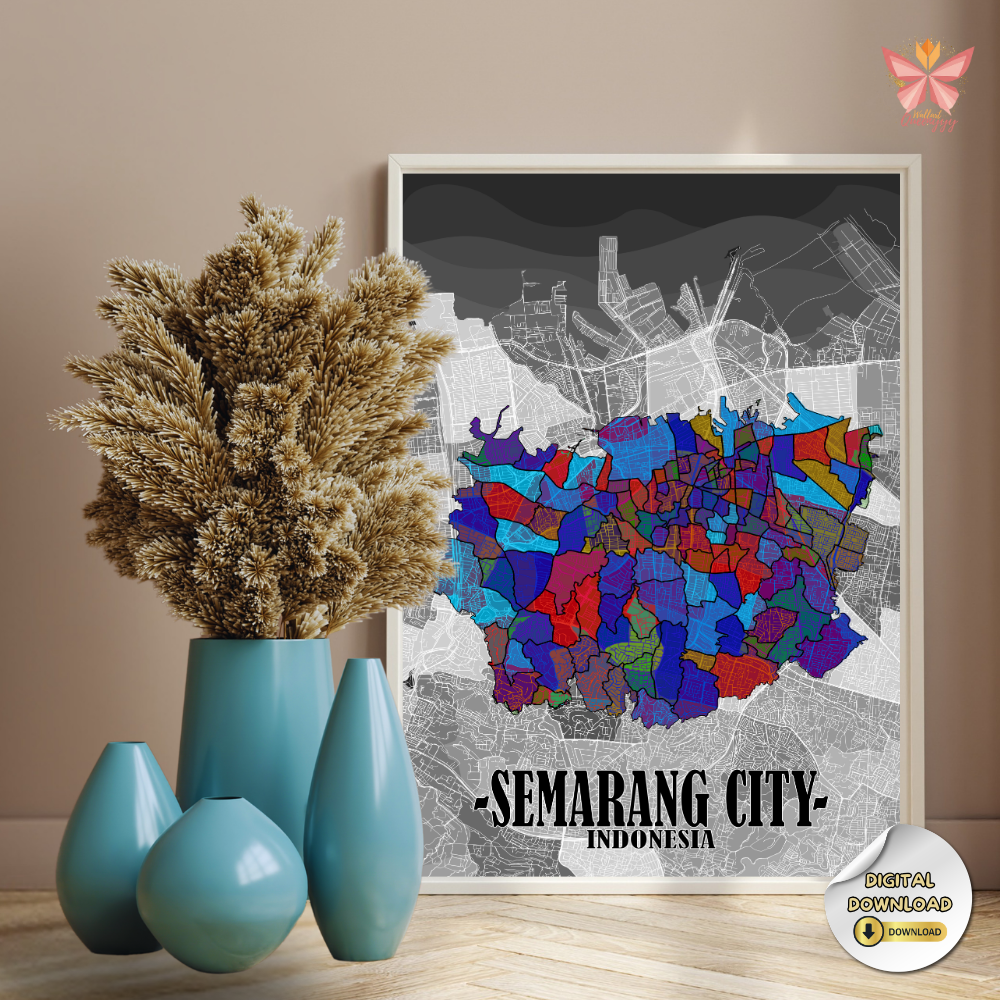 Semarang Urban Mosaic artwork featuring a colorful city map layout in a flat modern design, printable urban wall art in multiple size ratios.