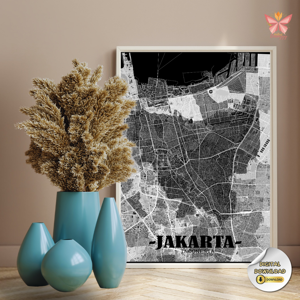 Jakarta City Layout Print featuring a minimal black and white flat city map design, modern urban cartography, printable city map wall art in multiple size ratios.