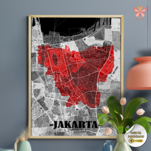 Jakarta urban map art printable featuring monochrome city layout with red core accent modern minimalist wall decor