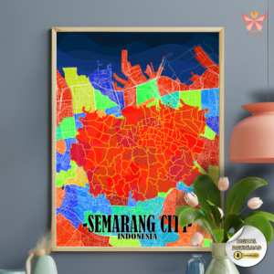 Semarang District Map Wall Art featuring a multicolor urban city layout in a flat modern design, printable city wall art in multiple size ratios.
