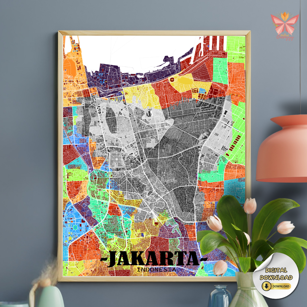 Jakarta District Map Wall Art featuring a 3D layered city map design with color-coded districts, modern urban cartography, premium printable wall decor in multiple size ratios for contemporary interiors.